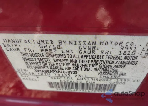 2010 Nissan Sentra 2.0S from USA, damaged, VIN 3N1AB6APXAL670935